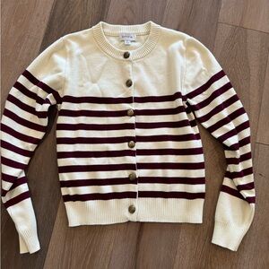 Evereve Cream and Red Striped Cardigan Sweater
